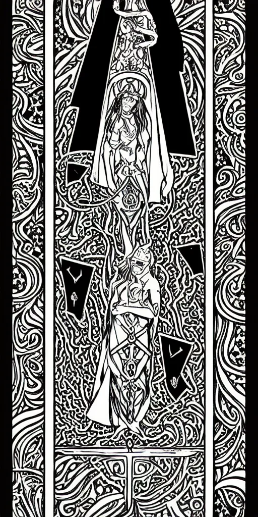 Prompt: a beautiful black and white fractal tarot card featuring bold occult imagery with clean lines. female demon. detailed adult coloring book