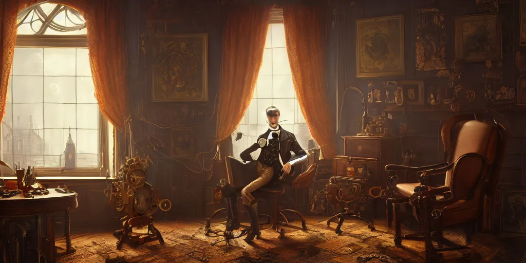 Prompt: highly detailed portrait painting of victorian gentleman, steampunk, room mono window, by eddie mendoza and tyler edlin, 8 k resolution