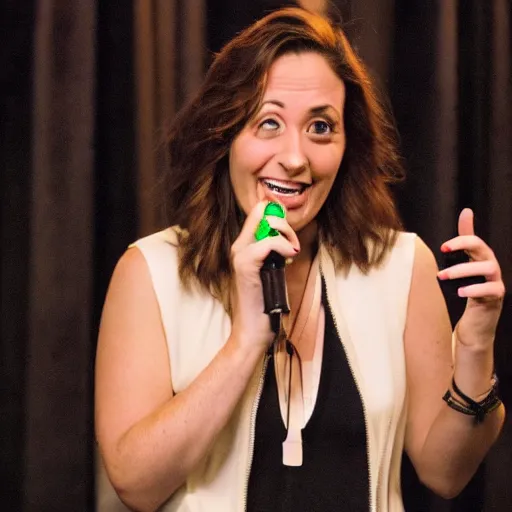 Image similar to 3 8 - year - old, short height, standup comedian, female, jewish irish and italian descent, thin, on stage, laughing, telling jokes