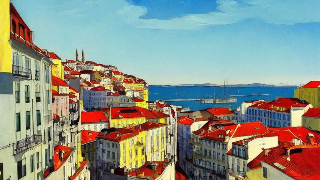 Prompt: Street art. paralyzed by the indescribable beauty of the cosmos. amazing view of the city of Lisbon. art style by Edward Hopper daring, incredible