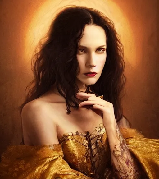 Prompt: majestic gracious regal aristocratic brunette female vampire portrait, random indoors setting!!!, atmospheric lighting!!, painted, menacing, intricate, beautiful, deep colours masterpiece!!, ( golden hour ), sharp focus!, ultra detailed, by leesha hannigan, ross tran, thierry doizon, kai carpenter, ignacio fernandez rios