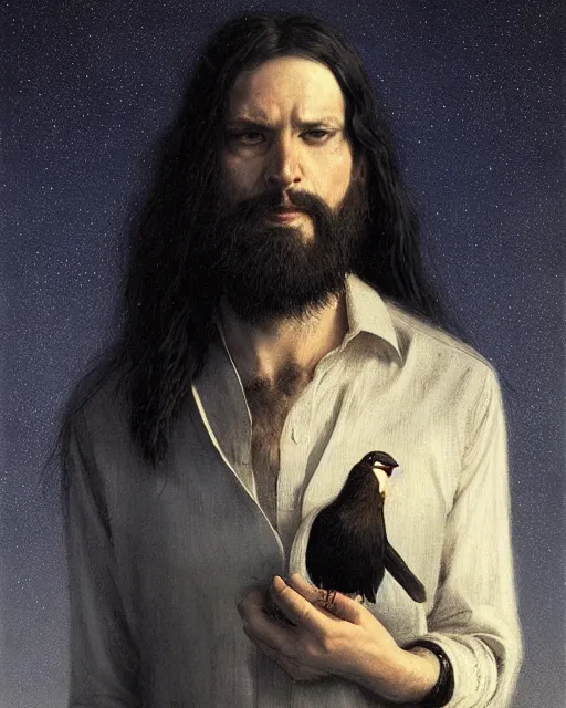 Image similar to portrait of a man with long black hair and beard holding a bird, full moon in the background, fine portrait, beautiful, concept art, by greg rutkowski, by jean delville