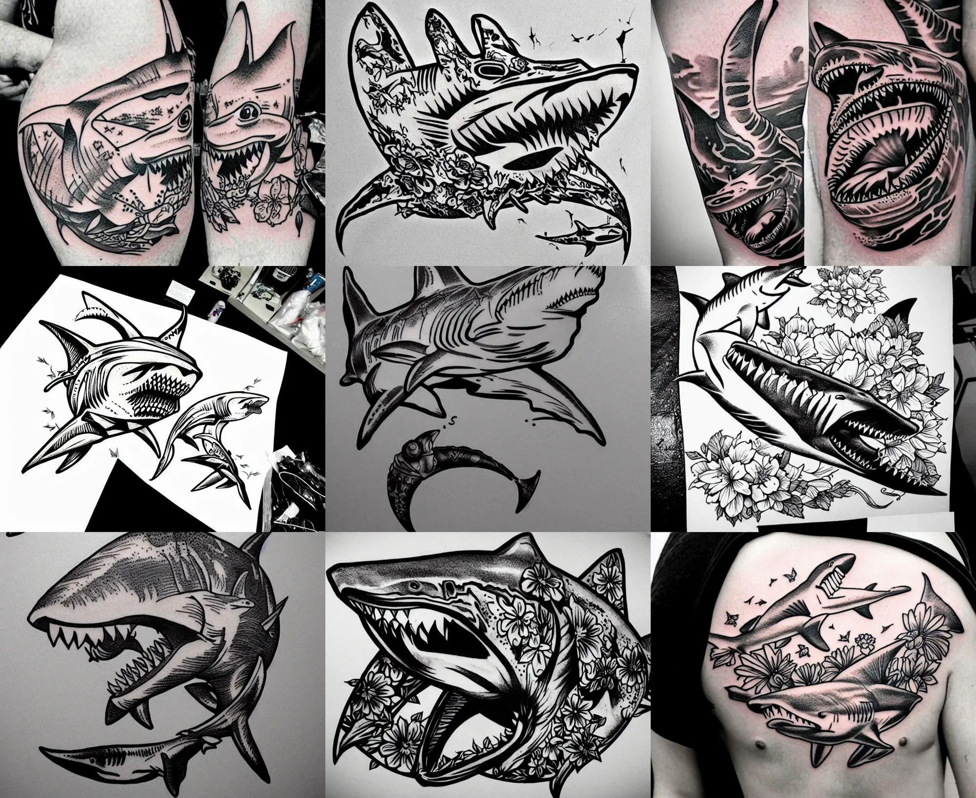 Image similar to detailed amazing tattoo stencil of a floral shark hunting