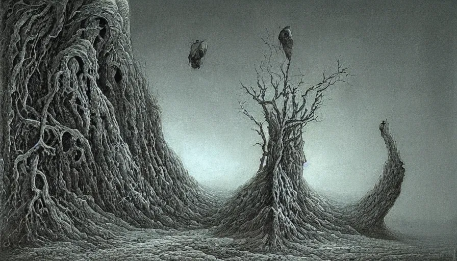 Image similar to the reaper of souls, landscape artwork by zdzislaw beksinski. intricate details. horror