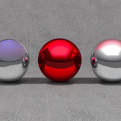 Prompt: chrome spheres on a red cube, natural lighting