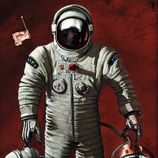 Image similar to [Leather and rust cosmonaut holding a checkered flag, very detailed, cinematic lighting, matte, sharp, photography, art by enki bilal]