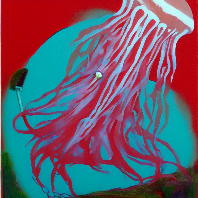 Image similar to jellyfish, tiny woman in a fish tank, surrealism, acrylic and spray paint and oilstick on canvas