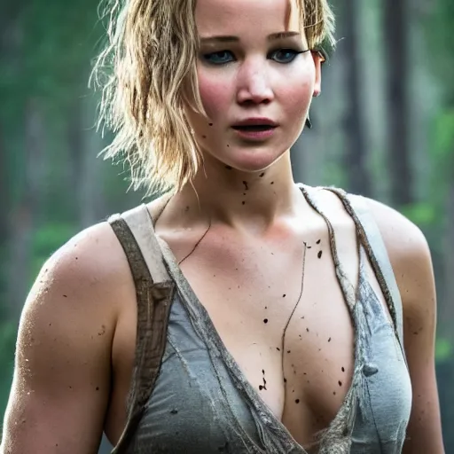 Image similar to first shot of jennifer lawrence in rambo remake, ( eos 5 ds r, iso 1 0 0, f / 8, 1 / 1 2 5, 8 4 mm, postprocessed, crisp face, facial features )