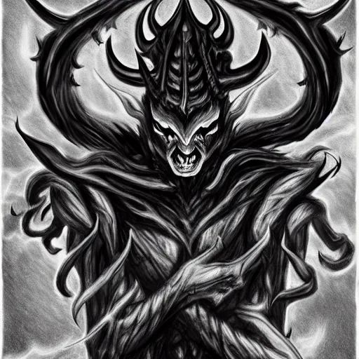 Image similar to full body grayscale drawing by Anato Finnstark of horned demon in heroic pose, swirling flames