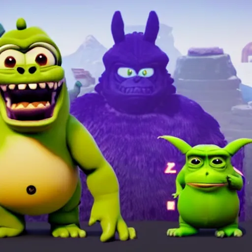 Prompt: fortnite godzilla yoda donkey kong pikachu yeti shrek super mario homer groot waluigi darth vader mike wazowski, highly detailed, extremely high quality, hd, 4 k, 8 k, professional photographer, 4 0 mp, lifelike, top - rated, award winning, cinematic, realistic, detailed lighting, detailed shadows, sharp, no blur, edited, corrected, trending