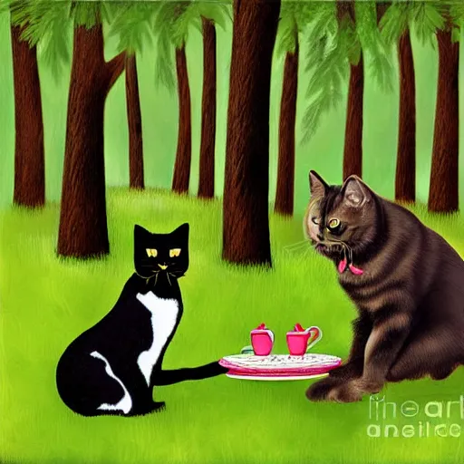 Image similar to digital art painting, golden retriever and a black kitty having a tea party in the forest