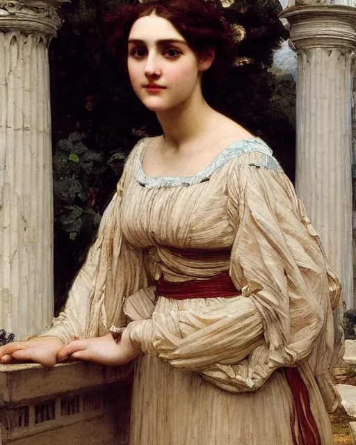 Image similar to portrait en buste of annasophia robb in greek dress by John William Waterhouse, Frederic Leighton, Edmund Blair Leighton, true-to-life, flowing realistic fabric, abundant detail