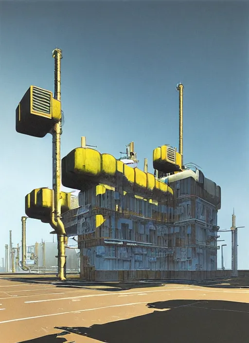 Prompt: photorealistic image of minimal industrial architecture by chris foss