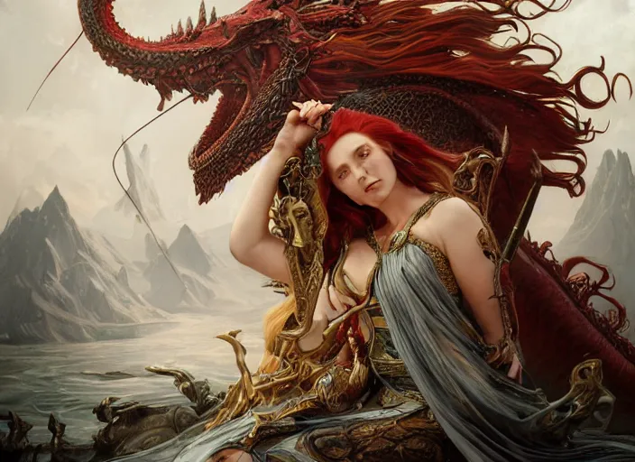 Prompt: A gorgeous Norse Goddess with long flowing red hair in her chariot being pulled by a dragon, fantasy, intricate, elegant, highly detailed, D&D, digital painting, artstation, concept art, matte painting, sharp focus, illustration, in the style of Greg Rutkowski and Alphonse Mucha and artemisia gentileschi