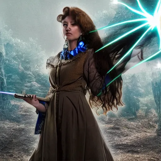 Image similar to a female fantasy wizard shooting a beam of energy at an object off screen, eyes serious cool look,