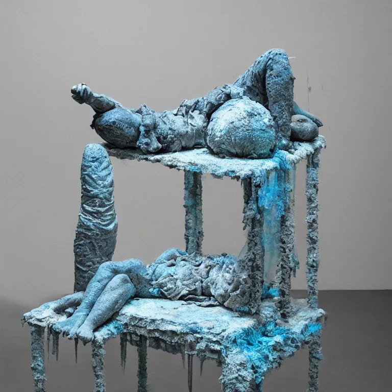 Prompt: hyperrealistic sculpture of a distressed bronze ancient fossilized echinoderm urchin dusted with opalescent blue spraypaint and ferns in a nylon grid cage on a pedestal by ron mueck and duane hanson and lee bontecou, hyperrealistic dramatic colored lighting trending on artstation 8 k