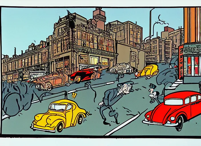 Image similar to hotrods driving down a street , vintage, highly detailed, by Hergé