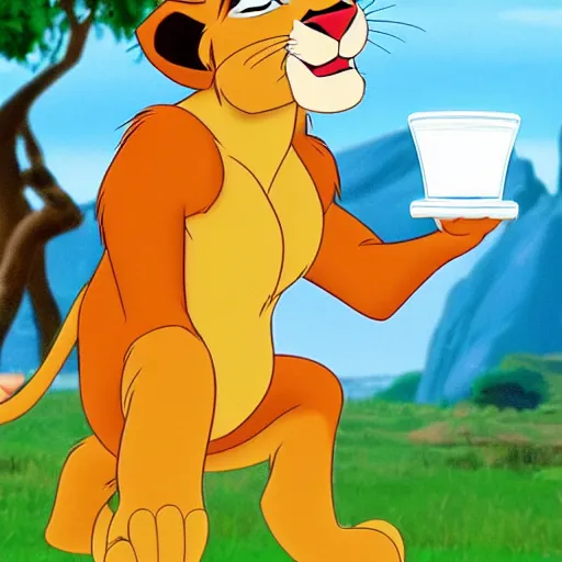 Prompt: Simba from The Lion King drinking water, disney cartoon.