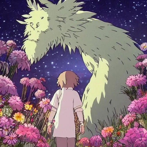 Prompt: spirit creature in the flowers at night made by studio ghibli, beautiful scene, detailed, high quality, high details, smooth, sharp focus