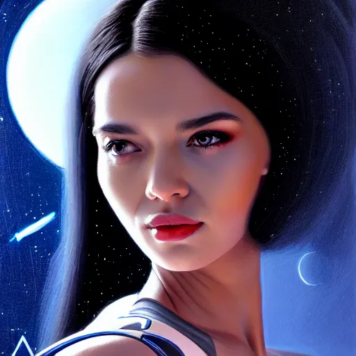 Image similar to a portrait of a very beautiful woman in a spacesuit, Alexandria\'s genesis, shoulder-length black hair, bored, illustration, soft lighting, soft details, painting oil on canvas by mark arian by artgerm, trending on artstation, 4k, 8k, HD, infographic, sci-fi marginalia, holographic