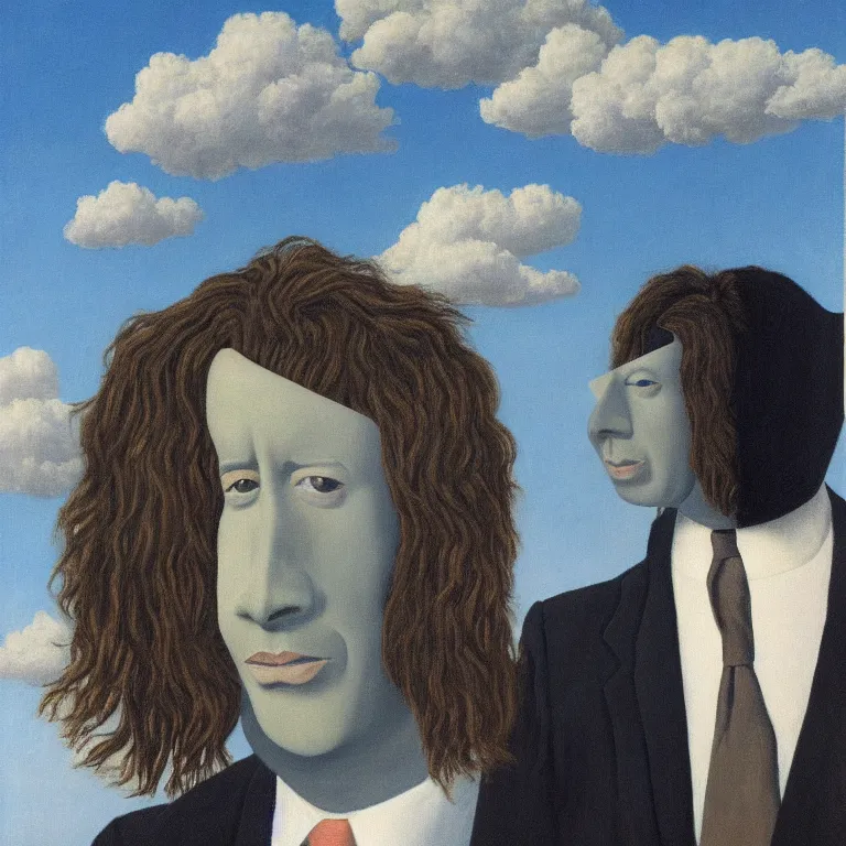 Prompt: portrait of a faceless shadow - head man with messy long hair in a suit, clouds in the background, by rene magritte, detailed painting, distance, middle centered, hd, hq, high resolution, high detail, 4 k, 8 k