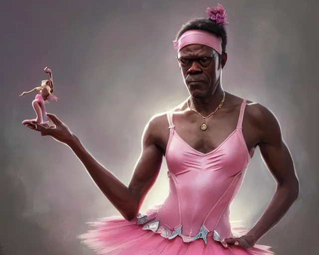 Image similar to photography of samuel l jackson in a pink ballerina outfit, deep focus, d & d and mtg, fantasy, intricate, elegant, highly detailed, digital painting, artstation, concept art, matte, sharp focus, illustration, hearthstone, art by artgerm and greg rutkowski and alphonse mucha