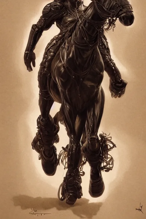 Image similar to portrait of hulking herculean anthro horse, leather catsuit, test subject, monstrous, full body, sci - fi, intricate, elegant, highly detailed, digital painting, artstation, concept art, sharp focus, illustration, art by artgerm and greg rutkowski and alphonse mucha