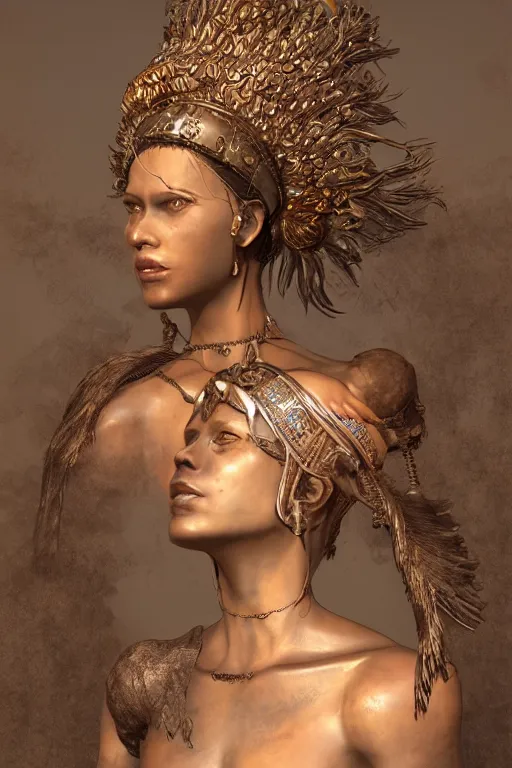 Image similar to a woman wearing a headdress and a necklace, a bronze sculpture by Bastien Lecouffe-Deharme, trending on cgsociety, afrofuturism, zbrush, daz3d, detailed painting