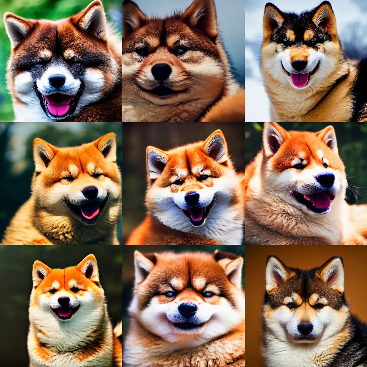 Prompt: Close up portrait of the happiest big fluffy cat mixed with a shiba inu, eyes closed, award winning photograph, red komodo camera 6k, cinematic still, film