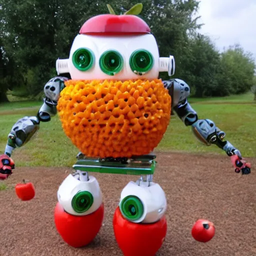 Image similar to scary robot made of apples and tennisballs