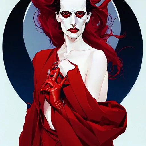 Prompt: Joshua Middleton comic art, wide shot, stunning elegant female Eva Green, kabuki mask, beautiful evil sneer, symmetrical face, symmetrical eyes, leather clothing and boots, long straight red hair, full body, Indigo occult pattern