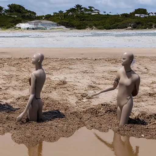 Prompt: plastic mannequins drowning in quicksand on epstein island, highly detailed facial expressions