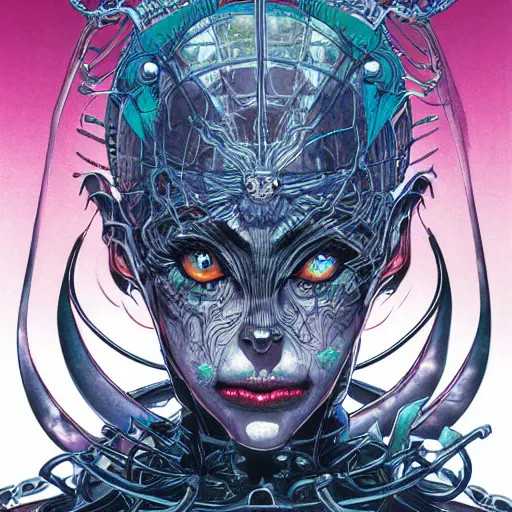 Image similar to crazy portrait of mad alien queen, symmetrical, by yoichi hatakenaka, masamune shirow, josan gonzales and dan mumford, ayami kojima, takato yamamoto, barclay shaw, karol bak, yukito kishiro illustration, clear line