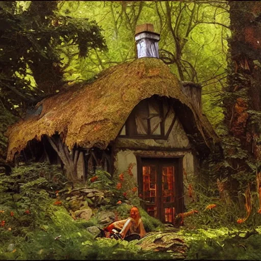 Image similar to witch cottage in the forest, art by norman rockwell and donato giancola and greg rutkowski