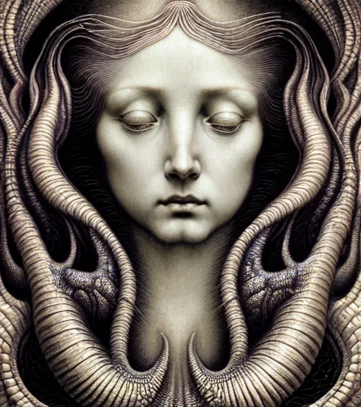 Image similar to detailed realistic beautiful ocean goddess face portrait by jean delville, gustave dore, iris van herpen and marco mazzoni, art forms of nature by ernst haeckel, art nouveau, symbolist, visionary, gothic, neo - gothic, pre - raphaelite, fractal lace, intricate alien botanicals, ai biodiversity, surreality, hyperdetailed ultrasharp octane render