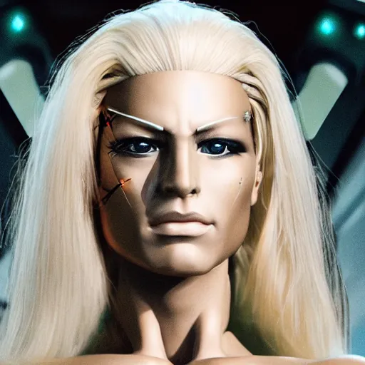 Image similar to full body of a very pretty blond borg queen on a borg ship, cybernetic implants, perfect face, symmetrical face, moody lighting, shallow depth of field,