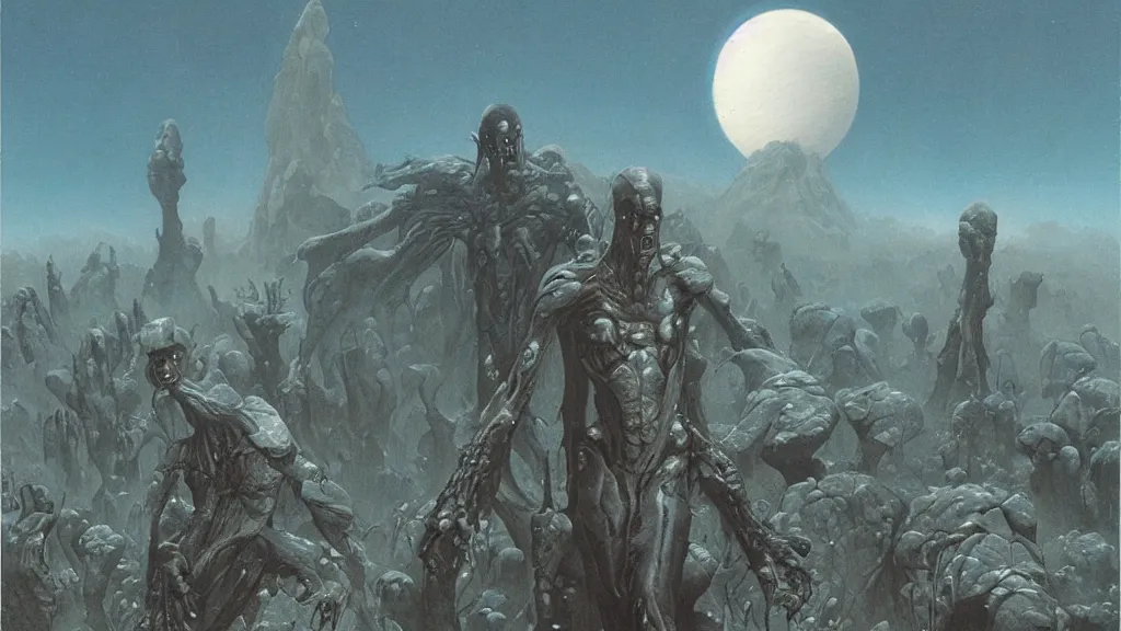 Image similar to eerie atmospheric evolving alien planet by gerald brom and vincent di fate, epic cinematic matte painting