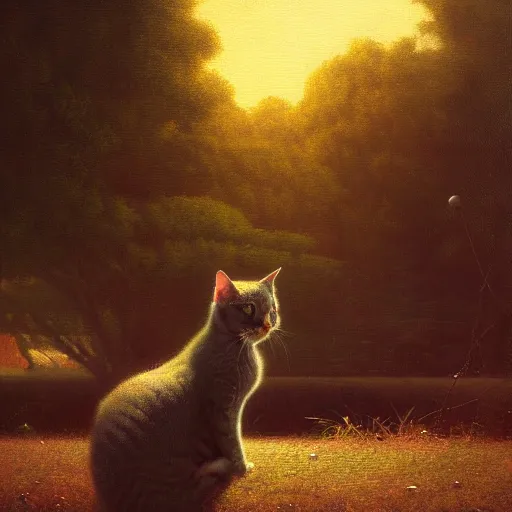 Image similar to 'impressive modern painting of a realistic cat by George Inness, Gerald Brom and Mike Winkelmann, drop shadow, Unreal Engine, RTX, Octane, 4K'