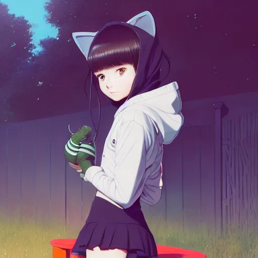 Prompt: a young girl wearing a cat hoodie balancing a a white fence, wlop, ilya kuvshinov, artgerm, krenz cushart, greg rutkowski, hiroaki samura, range murata, james jean, katsuhiro otomo, erik jones, 4 k anime