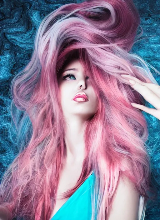 Prompt: dramatic photo of a woman with super wavy snake marble hair. moody and melanchonic. with a bit of pink and cyan