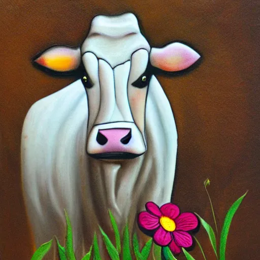 Prompt: a cow with a flower