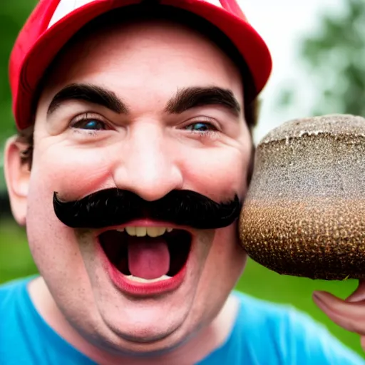 Image similar to photo of real life mario finding a giant mushroom, exhilarated, portrait, closeup. mouth open, 30mm, bokeh