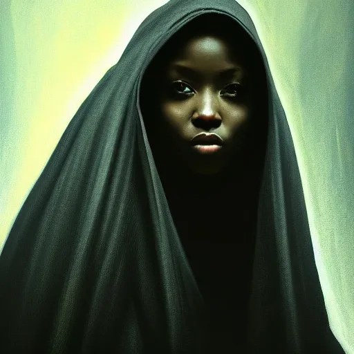 Image similar to a portrait of a young black woman wearing a long dark cloak, hood and shadows covering face, anatomically correct, beautiful perfect face, enigmatic, oil painting, matte painting, black background, Volumetric Golden dappled dynamic lighting, Highly Detailed, Cinematic Lighting, Unreal Engine, 8k, HD, by Beksinski