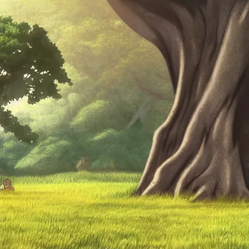Image similar to white whale flying near giant tree in the green field, anime, HD,