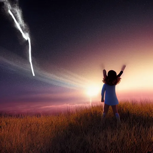 Prompt: a girl on a hill watching a meteorite fall from space, very realistic digital art 3d render