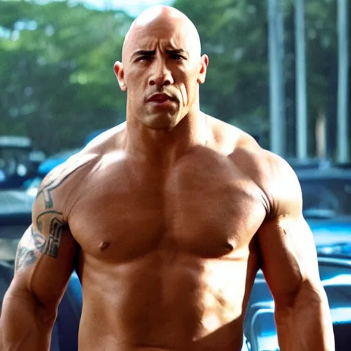 Prompt: film still of the rock as dominic toretto in fast & furious