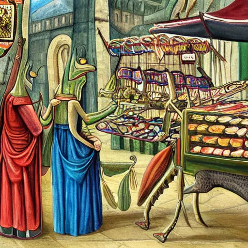 Image similar to Painting of human-sized Mantis religiosa shopping on a medival city market; fantasy; D&D; magic