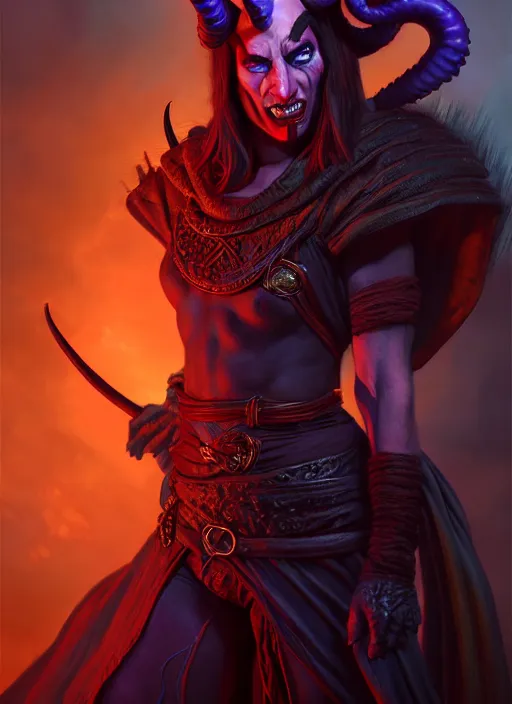 Image similar to tiefling bard, full body, hyper realistic, extremely detailed, dnd character art portrait, dark fantasy art, intricate fantasy painting, dramatic lighting, vivid colors, deviantart, artstation, by daniel r horne.