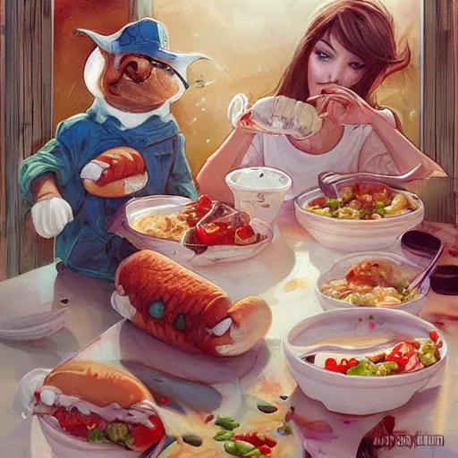 Image similar to hot dogs and yogurt is a messy meal, wlop, artgerm, mucha