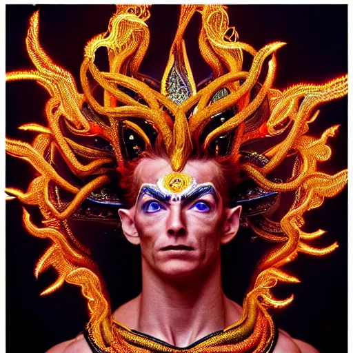 Image similar to uhd photorealisitc inspiring photo of a cosmic gogeta powering up. intricate details. ornate costume. glowing, powering up. hyperdetailed, accurate, global lighting. accurate face. symmetrical face. correct face. photo by annie leibowitz and steve mccurry